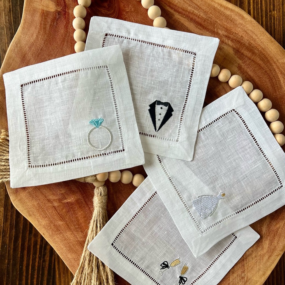 White Linen Cocktail Napkins with Embroidery - Wedding